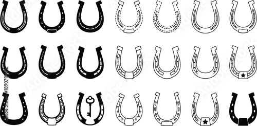 Black and White Horseshoe Icon Set Featuring Lucky Symbols Vintage Equestrian Vector Graphics Simple Line Art and Silhouette Illustrations for Western Design Projects