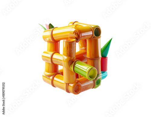 Cuboid built of hollow, cylindrical elements and plant-like adornments