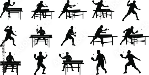 Comprehensive Collection of Professional Table Tennis Player Silhouettes Featuring Athletes Serving Smashing and Playing Ping Pong Matches for Sports Design and Graphic Competition Projects
