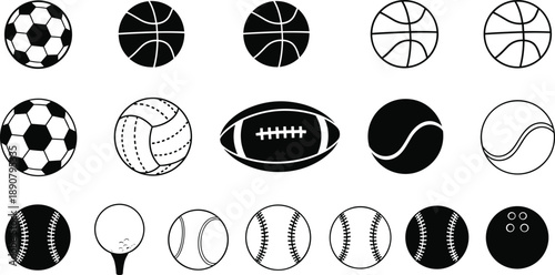 Comprehensive Collection of Minimalist Sports Ball Icons Featuring Soccer Basketball Football Tennis Baseball and Golf Elements for Athletics Graphic Design and Team Competition Branding