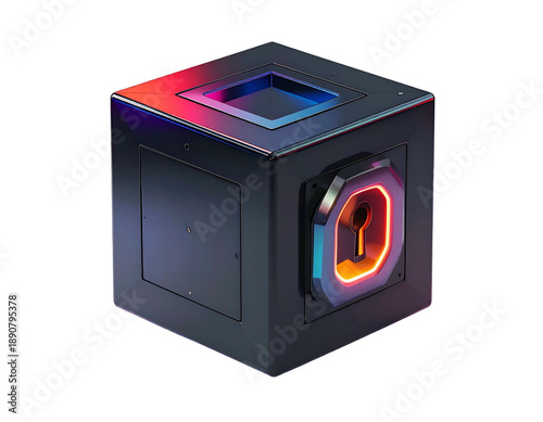A futuristic, black cube with keyhole interface, illuminated