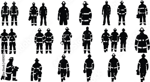 Firefighter Silhouette Vector Collection Featuring Brave Firemen In Uniform With Protective Gear Helmets And Equipment Isolated On White Background For Emergency