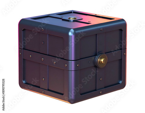 Metallic chest with rivets and a lock against a black backdrop