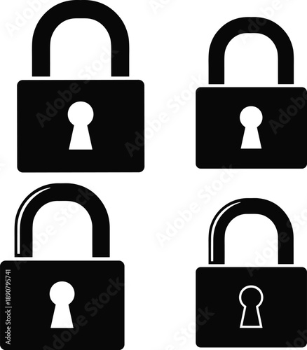 Grid of four black padlock icons with varied keyhole and shackle designs, ideal for security or interface graphics