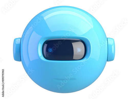 Blue spherical robot head with a dark screen face and two ear-like protrusions