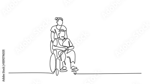 Wallpaper Mural Continuous Line Drawing of a Man Pushing an Elderly Woman in a Wheelchair Torontodigital.ca