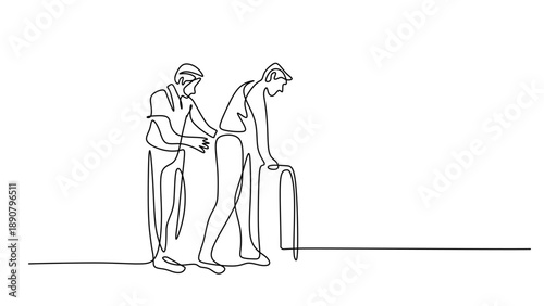 Single Outline Art of a Young Woman Helping an Old Woman with a Walker