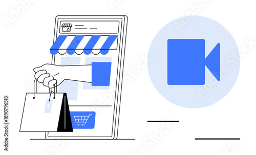 E-commerce, online shopping, digital transactions, virtual retail, video communication, mobile apps. A hand holding shopping bags extends from a phone with a shopping cart icon. E-commerce and online