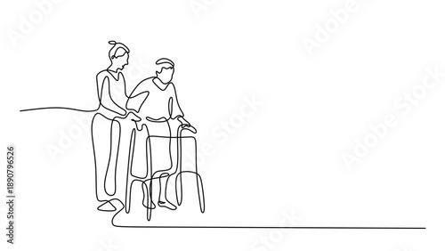 Vector Illustration of a Nurse Helping a Senior Man with a Walking Frame