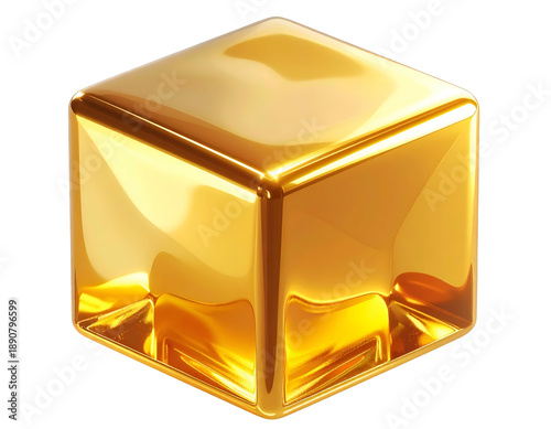 Gleaming golden cube with reflective surfaces against a dark backdrop
