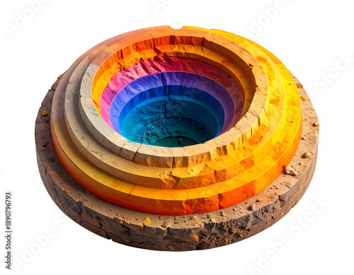 A colorful layered geological cross-section, showing nested concentric rings