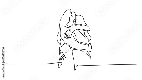 One Line Drawing of Two Best Friends Hugging with Joy