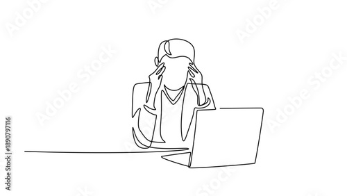 One Line Drawing of a Stressed Businesswoman with a Headache at Her Desk