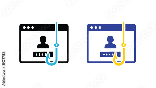 A graphic illustration of phishing attacks on two computer screens with hooks