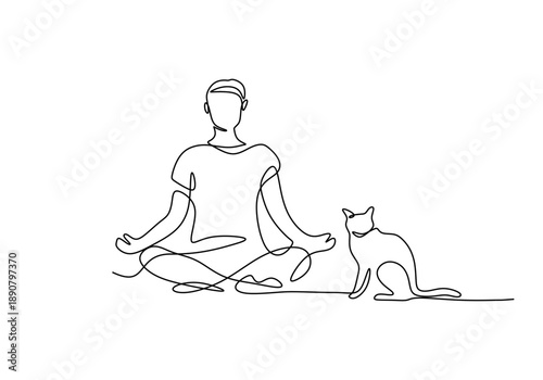 One Line Drawing of a Woman and Cat in a Yoga Pose