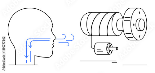 Human head profile with airflow entering the respiratory system connected to a mechanical fan. Ideal for healthcare, engineering, biomechanics, breathing analysis, air filtration, airflow study