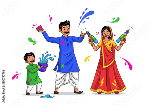 Family celebrating Holi festival with colors and joy.