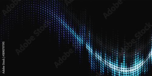 Flowing dots particles wave pattern in blue green colors. Vector curve light line. Abstract background banner design for music, Ai technology, neural network concept