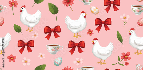 Whimsical chickens, flowers, and bows pattern on a soft pink background viewed from directly above