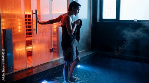 Hot and cold treatment in wellness spa. Woman alternating Sauna and cold plunge ice bath in a serene and relaxing atmosphere. Video made using Generative AI.