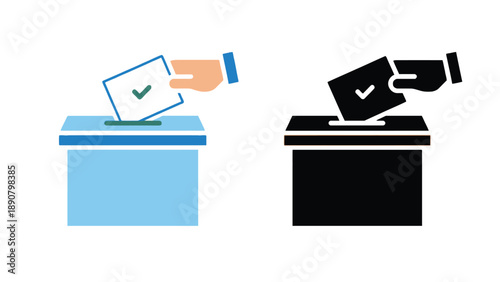 A person casting a ballot into a voting box with a checkmark