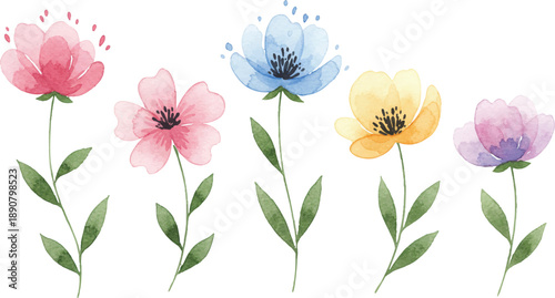 A serene arrangement of colorful flowers in full bloom, captured from a front viewpoint, showcasing vibrant petals and lush green stems in a natural setting