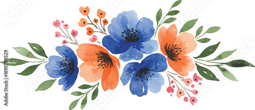 A beautiful bouquet of flowers and leaves arranged in a decorative pattern on a clean background viewed from directly above.