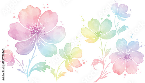 Watercolor flowers in pastel shades blooming in a serene garden scene illustration