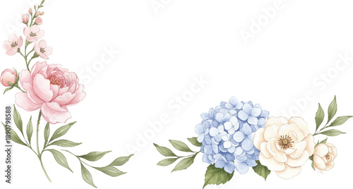 A beautiful watercolor illustration of flowers and foliage arranged in a decorative pattern from a frontal viewpoint