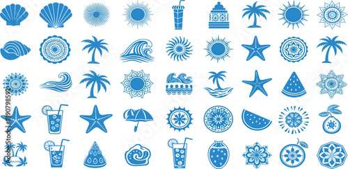 Collection of blue icons representing summer vacation elements, travel, and leisure activities on a white background viewed from directly above