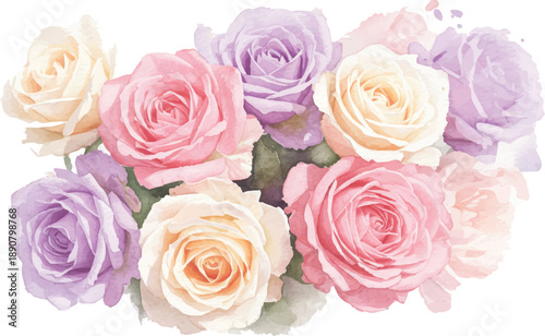 A bouquet of roses in pastel shades arranged closely together from a top view