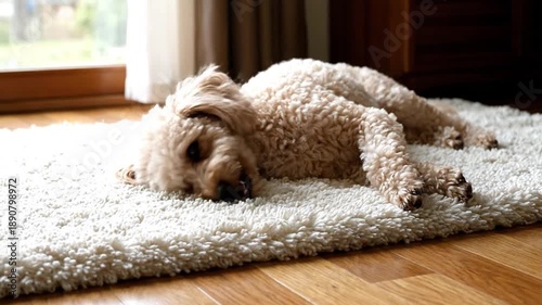 Dog sleeps on fluffy rug indoors.