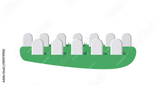 A simple illustration of a green graveyard with white tombstones, featuring a minimalist design on a white background.