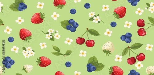 A vibrant pattern of strawberries, blueberries, cherries, flowers, and leaves on a soft green background from a top-down viewpoint