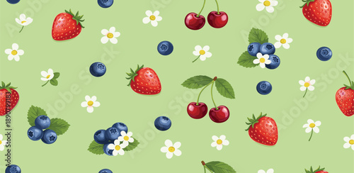 Assorted berries and flowers in a seamless pattern on a soft green background viewed from directly above