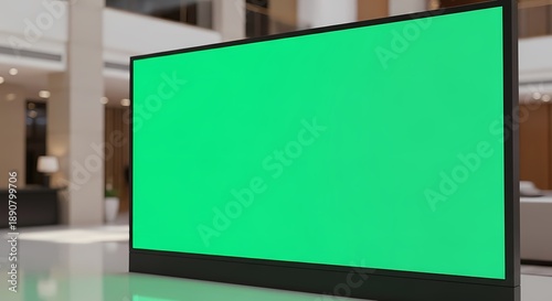 Large flat-screen television with a vibrant green screen display in a modern, blurred interior lobby setting.