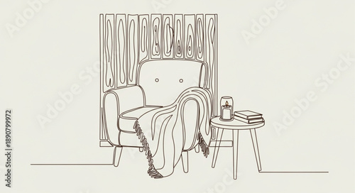 Cozy armchair with blanket and book on side table sketch.