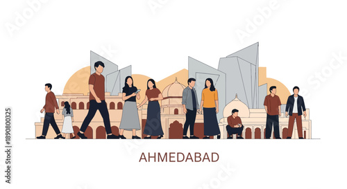 Diverse group of people walking in Ahmedabad cityscape