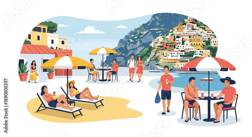 People enjoying leisure time at a scenic coastal town with colorful buildings