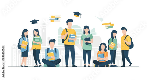 Diverse group of students with books and graduation caps