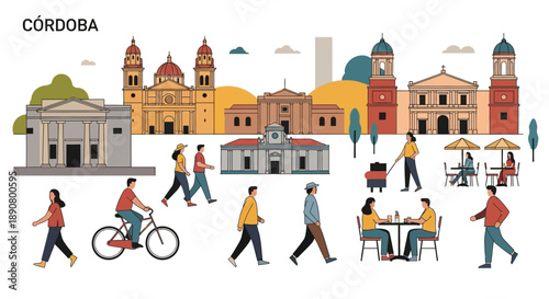 Vibrant city life in Cordoba with historic buildings and people