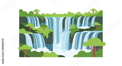 Vibrant cartoon waterfall cascading through lush green forest landscape