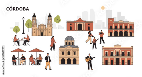 Vibrant city life in Cordoba with historic buildings and people enjoying music