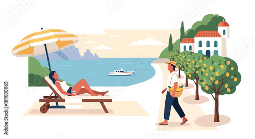 Relaxing beach scene with woman sunbathing and man walking by