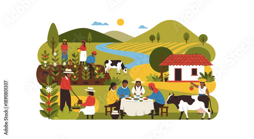 People enjoying rural farm life with gardening and meal