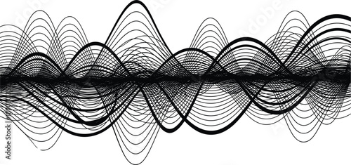Overlapping sine wave pattern with varied amplitude and frequency, symmetrical waveform design for physics, math or signal art