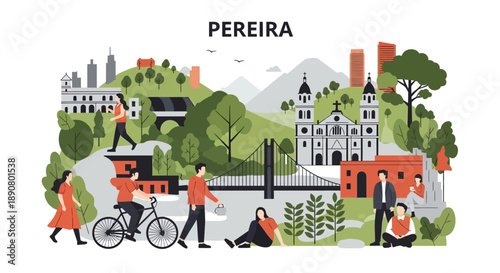 Vibrant cityscape with people enjoying urban park