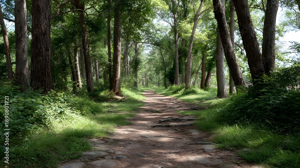 Obraz premium A picturesque dirt trail winds through a serene forest with sunlight filtering through the dense green canopy and dappling the path