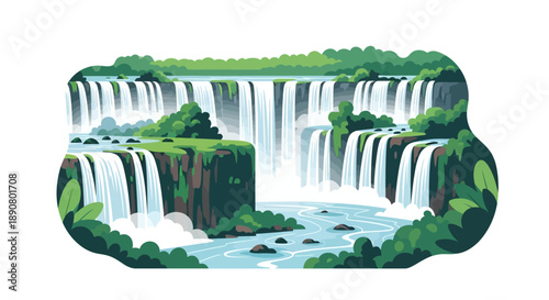 Serene waterfall cascading down lush green cliffside