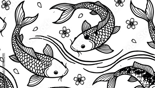 Black and white line art of koi fish swimming with cherry blossom petals and water ripples detailed vector seamless pattern